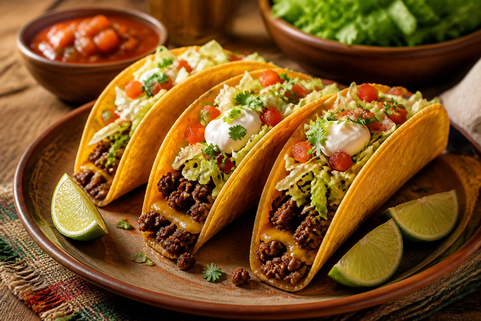A platter of crispy ground beef tacos with lettuce, tomatoes, cheese, and lime wedges on a dining table.