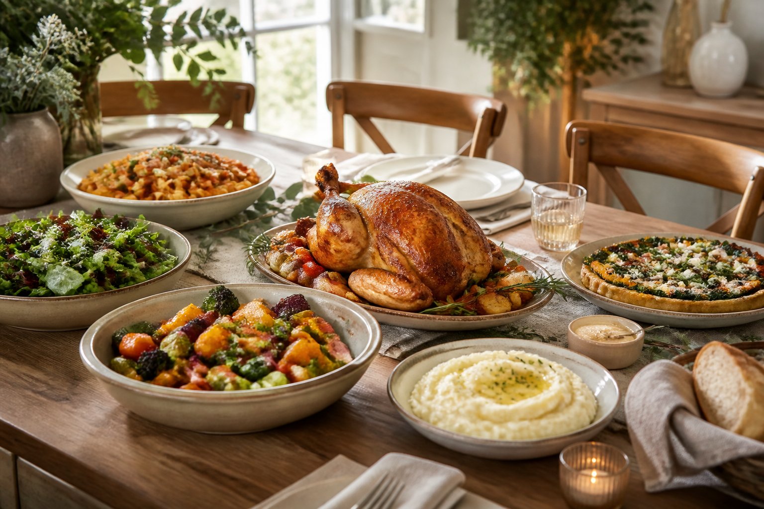 A warmly lit dining table set with a roast meal, vegetables, salad, bread, and other Sunday dinner dishes.