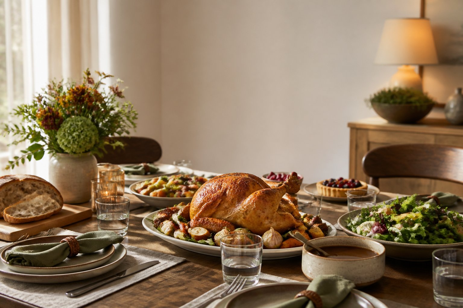 A warmly lit dining table set with a roast dinner, vegetables, salad, bread, and flowers.