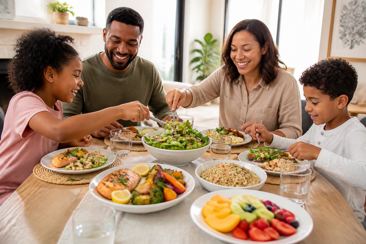 A family enjoys a colorful healthy dinner together at a dining table.