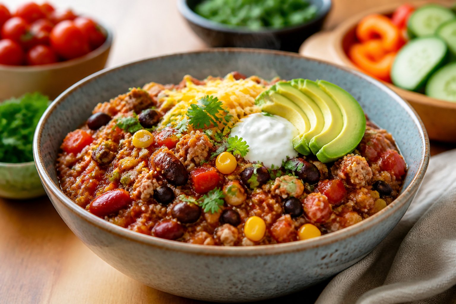 A bowl of turkey quinoa chili topped with cilantro, yogurt, avocado, and shredded cheese on a family dining table.