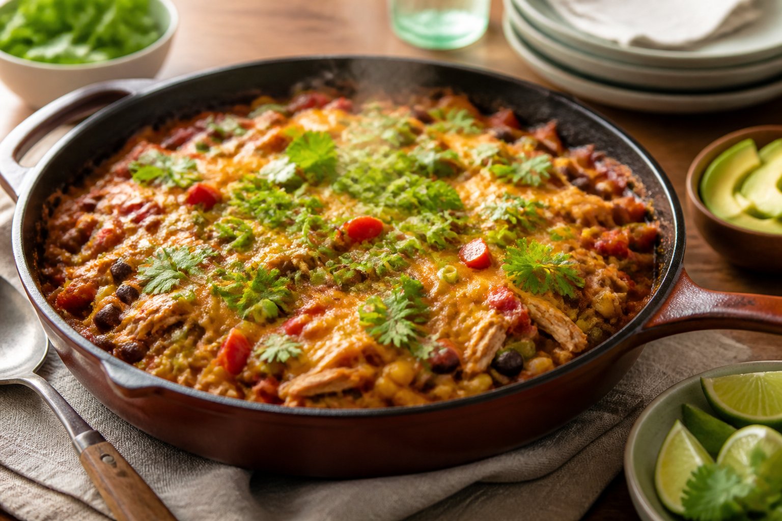 A skillet filled with chicken, beans, vegetables, and melted cheese, garnished with cilantro and served with lime wedges.