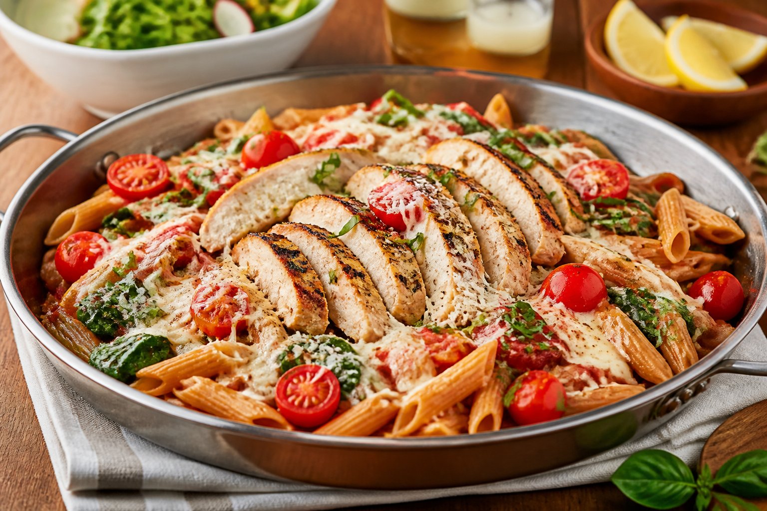 A skillet of chicken Parmesan pasta with tomatoes, spinach, melted cheese, and fresh basil on a family dining table.