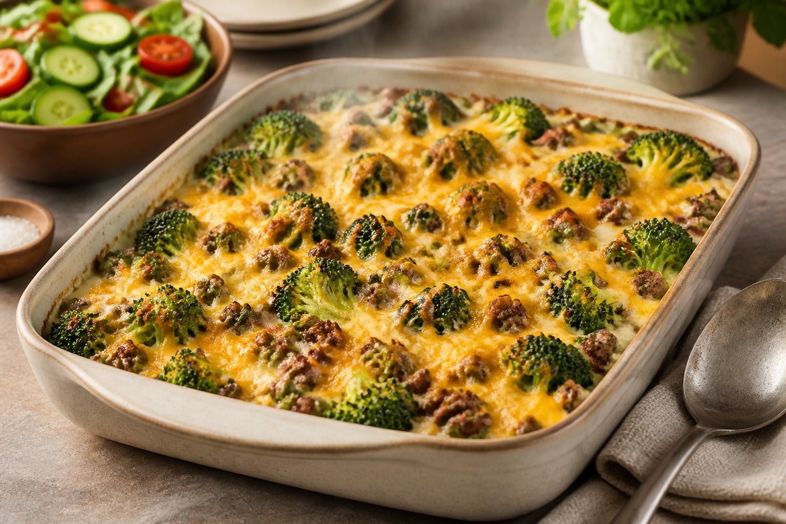 A baked casserole with ground beef, broccoli, and melted cheese served on a dining table.
