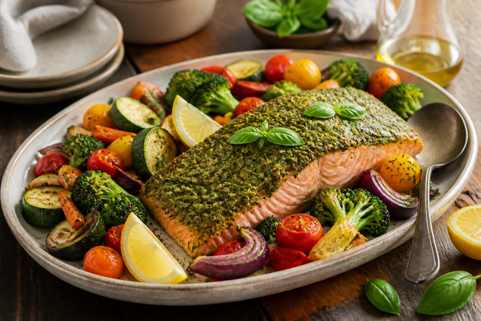 A platter of pesto-topped salmon surrounded by colorful roasted vegetables.