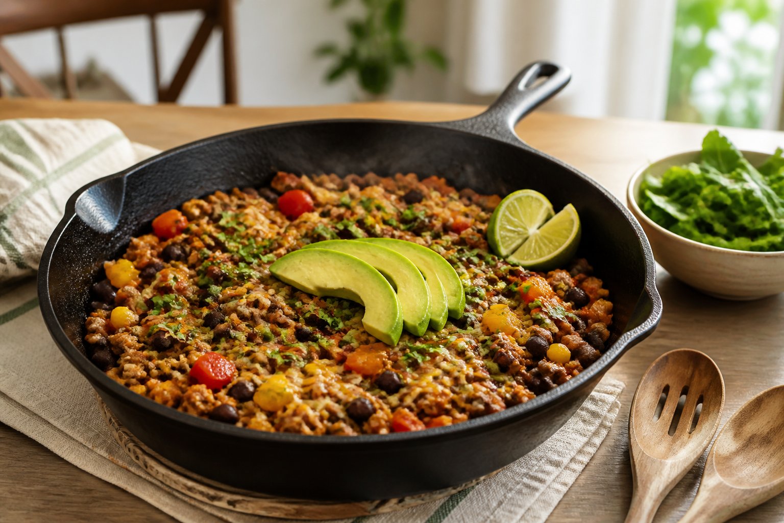 A colorful turkey taco skillet with vegetables, beans, cheese, avocado, cilantro, and lime on a dining table.