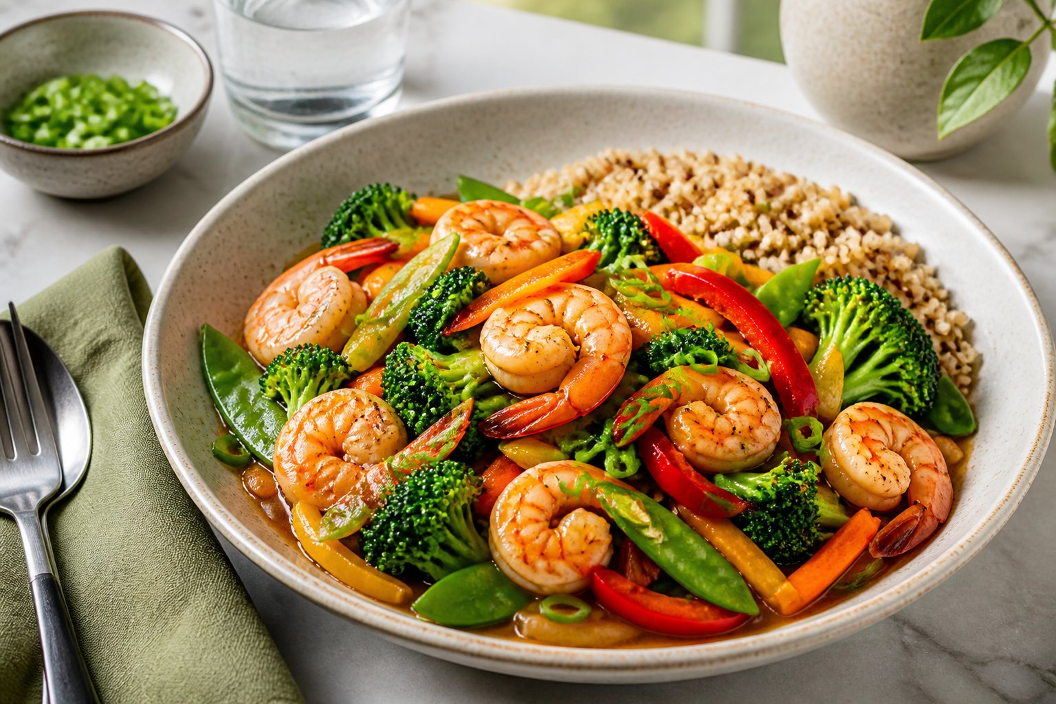 A bowl of shrimp and colorful vegetables served with a side of brown rice.