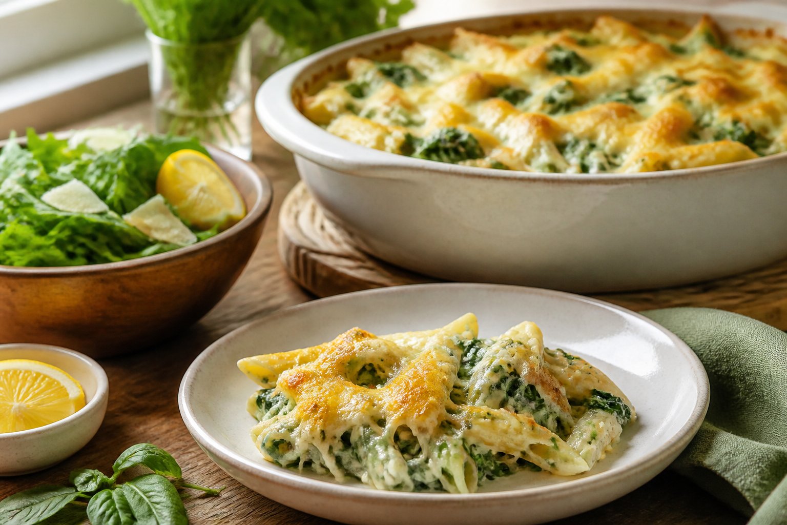 A dish of creamy baked spinach pasta served with a fresh green salad on a dining table.