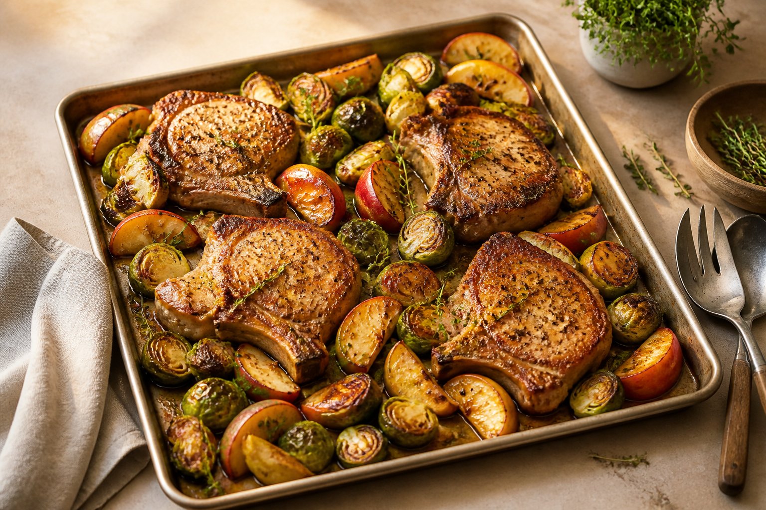 A sheet pan of roasted pork chops with caramelized apples and Brussels sprouts.