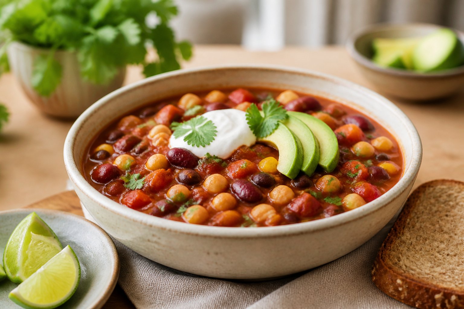 A bowl of colorful three-bean vegetable chili garnished with cilantro and avocado, served with lime and whole-grain bread.