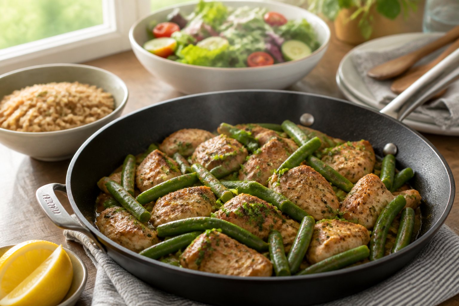 A skillet filled with chicken pieces and green beans on a dining table.
