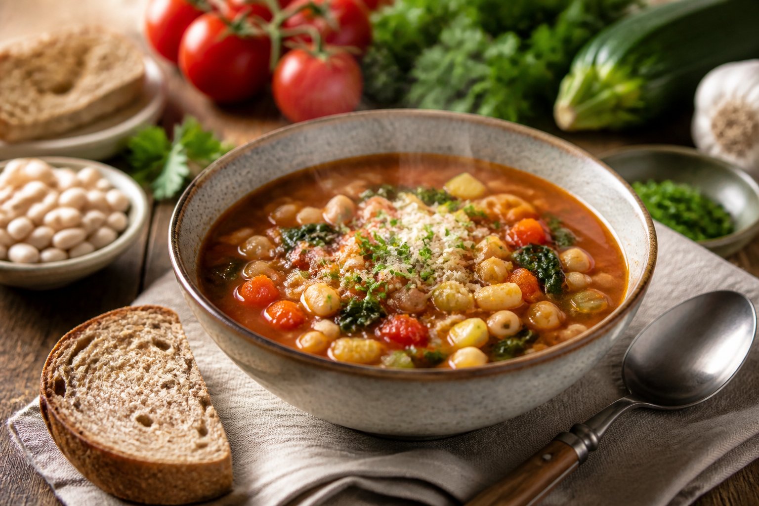 A bowl of minestrone soup with white beans, vegetables, pasta, and herbs on a family dinner table.