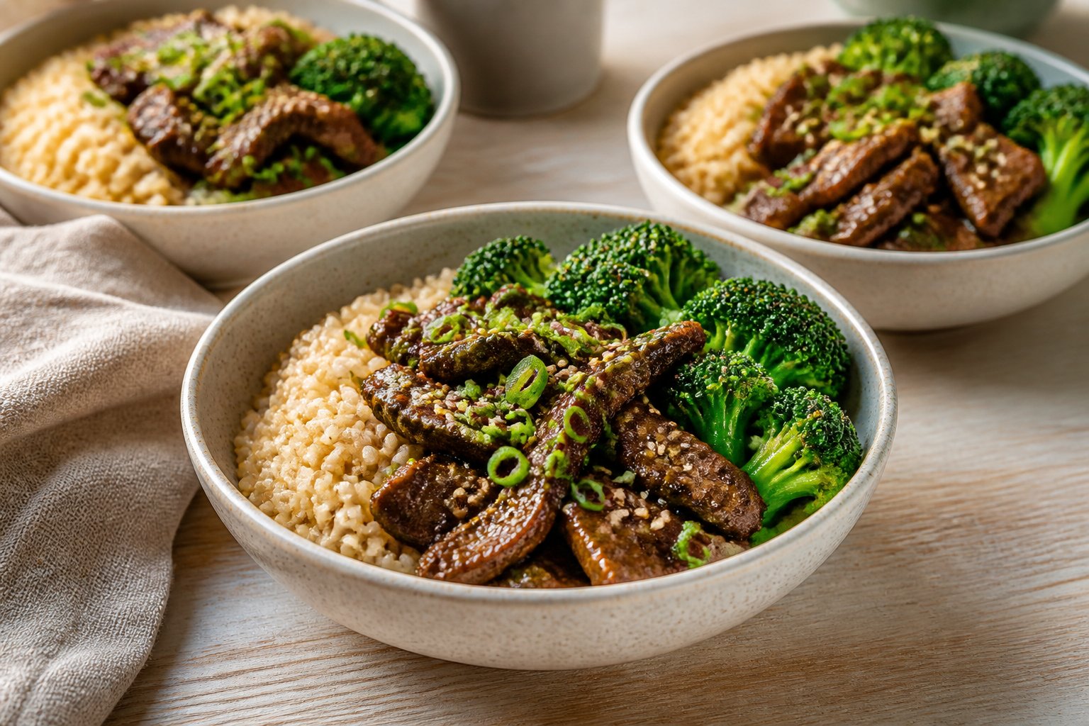 Bowls of beef, broccoli, and brown rice arranged on a dining table.