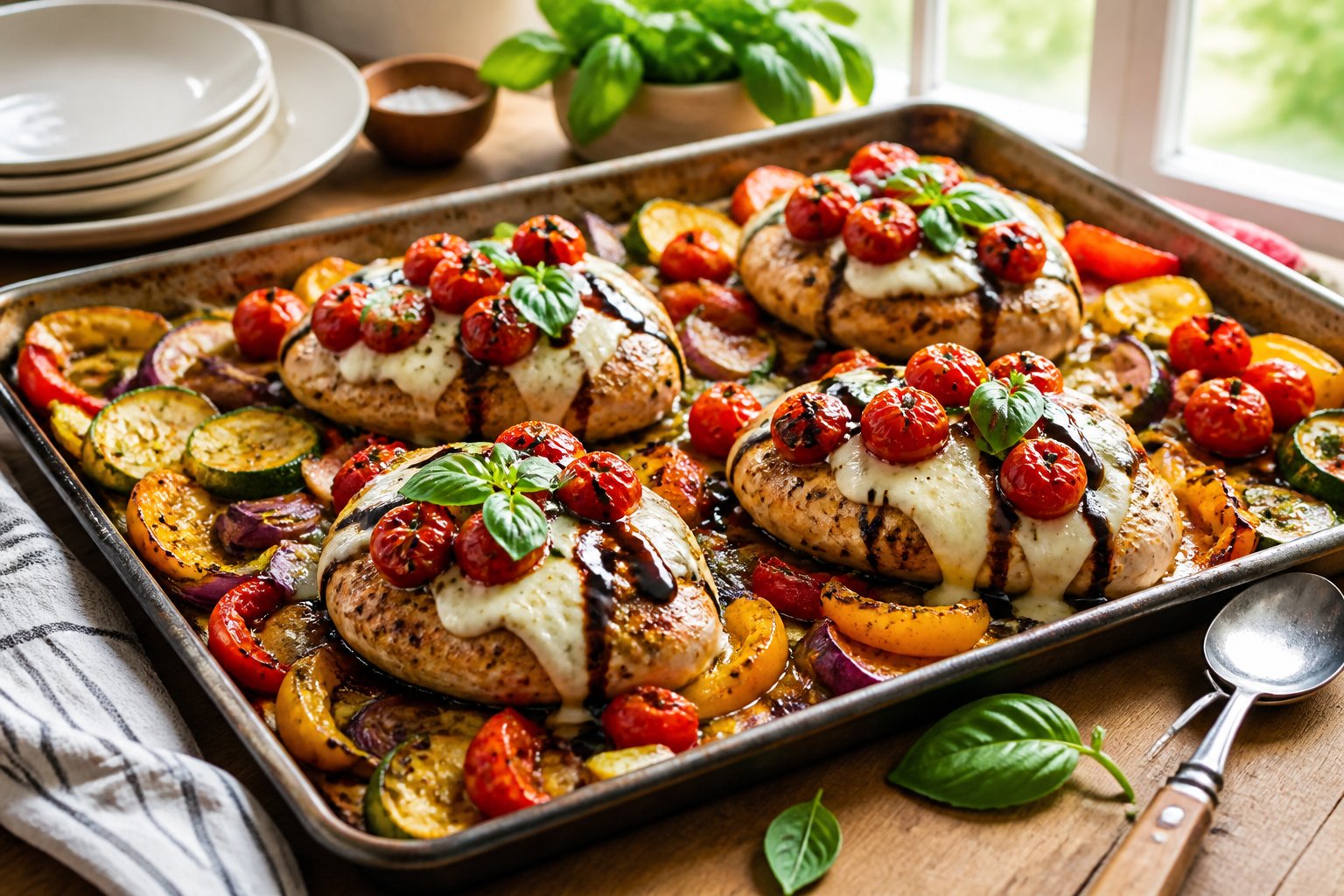 A sheet pan filled with Caprese chicken, roasted vegetables, tomatoes, mozzarella, and fresh basil.