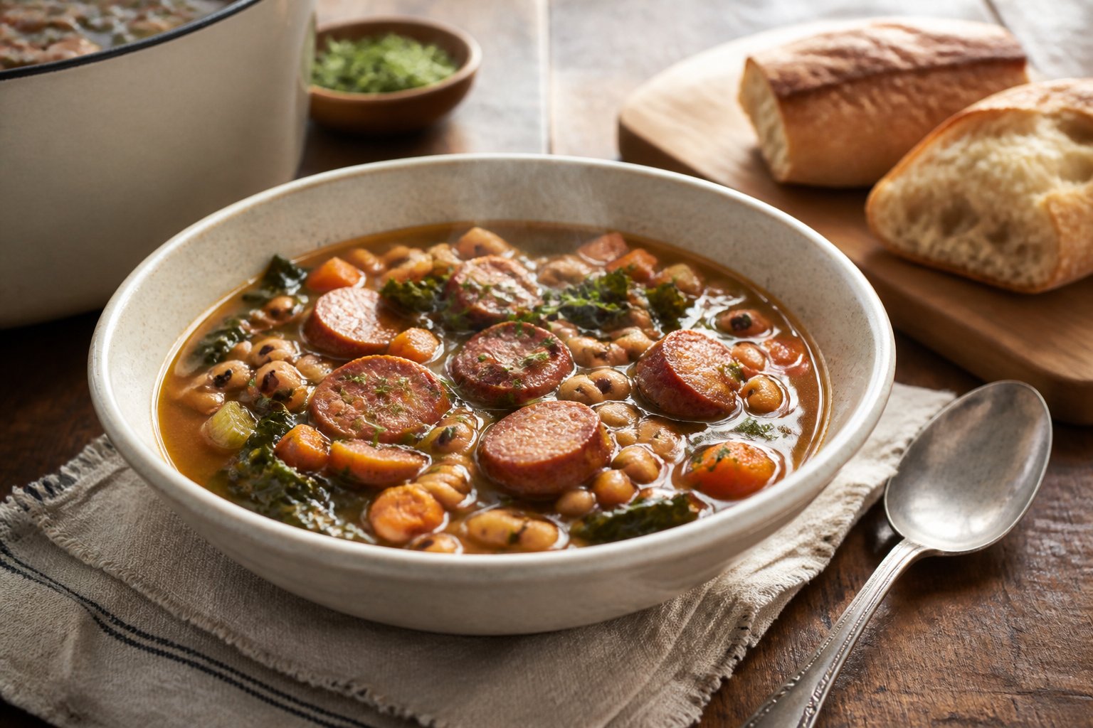 A bowl of black-eyed pea soup with sausage and leafy greens on a wooden dining table.