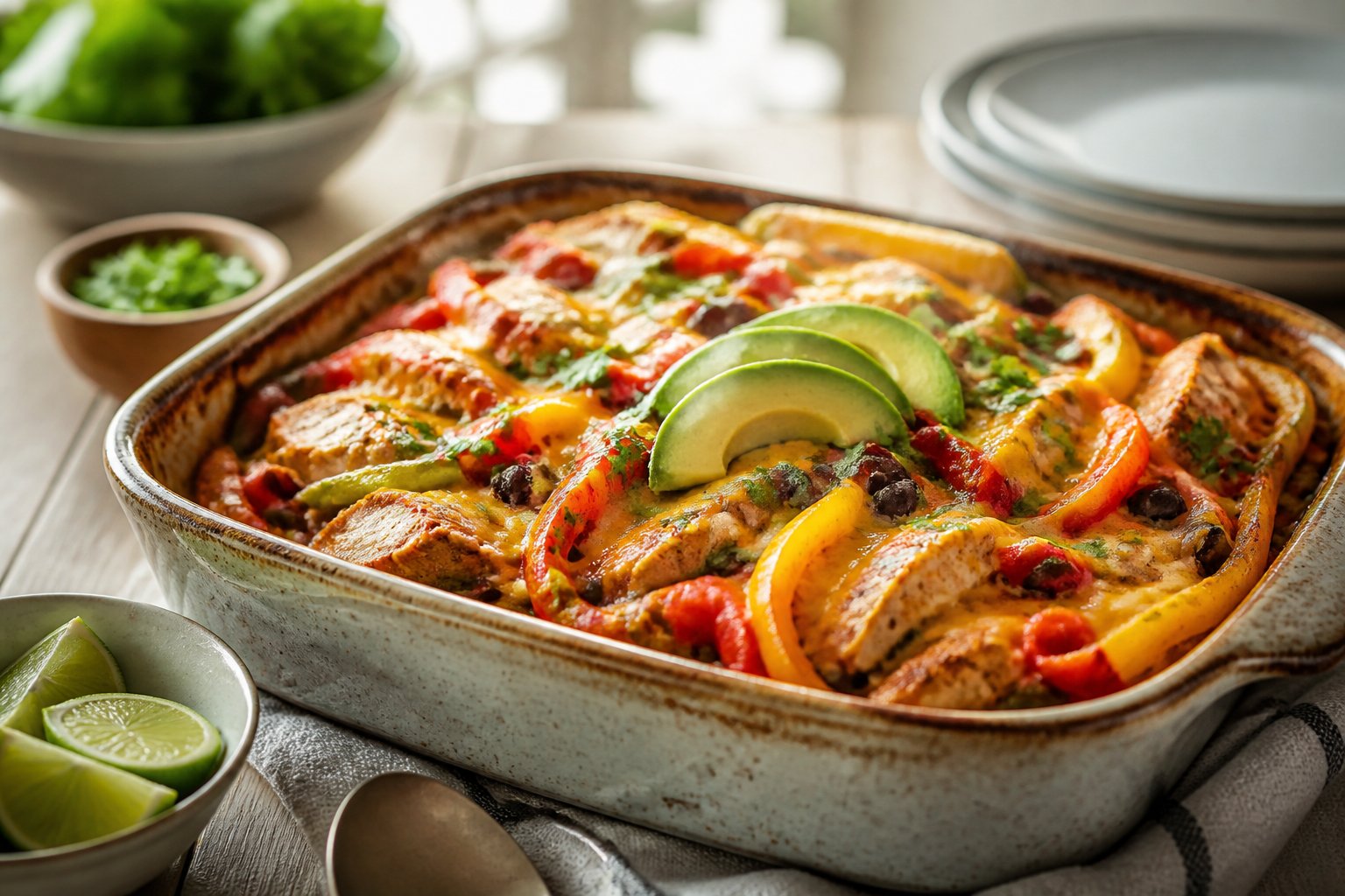 A colorful chicken fajita casserole with peppers, onions, beans, and melted cheese in a baking dish on a dining table.