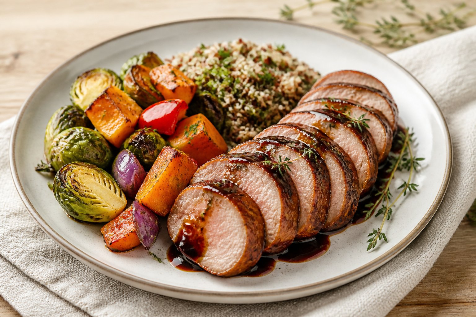 Sliced balsamic pork tenderloin with thyme, roasted vegetables, and grains served on a plate.