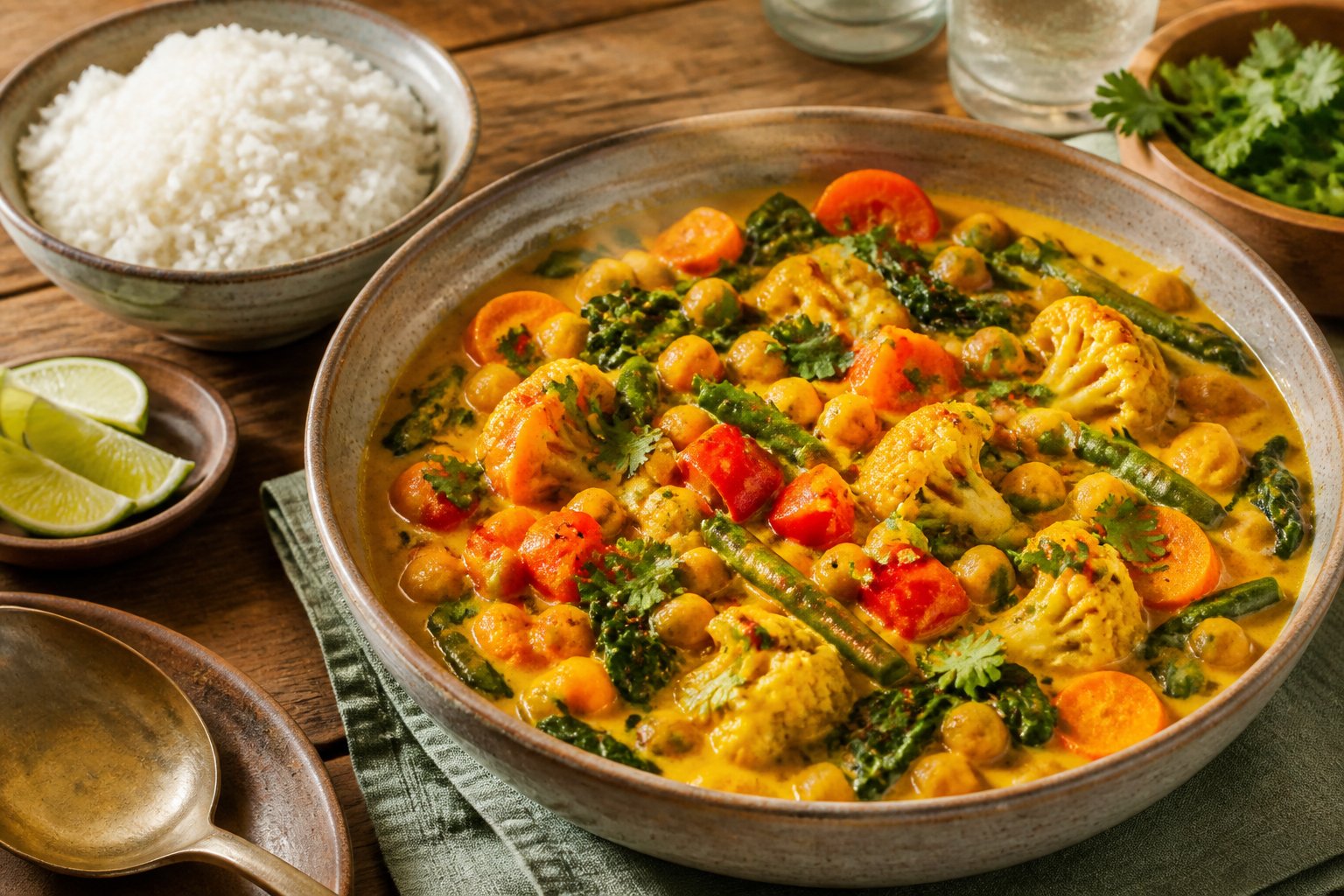 A bowl of chickpea and vegetable coconut curry served with rice, lime wedges, and cilantro on a dining table.