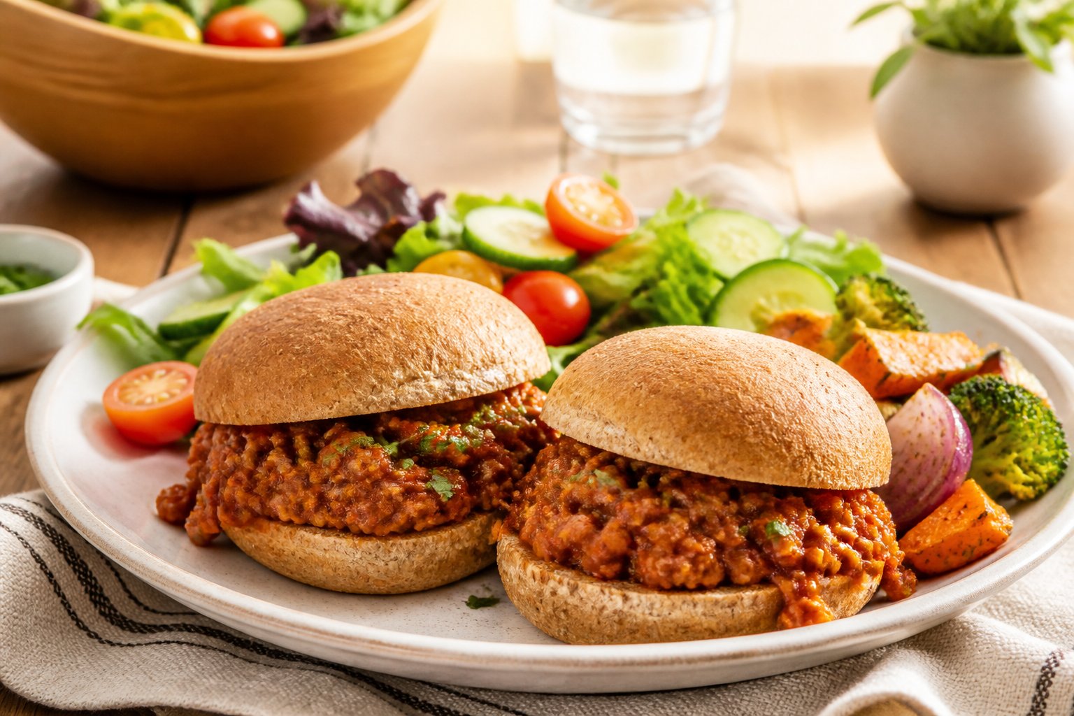 Two turkey sloppy joe sandwiches with salad and vegetables on a dining table.