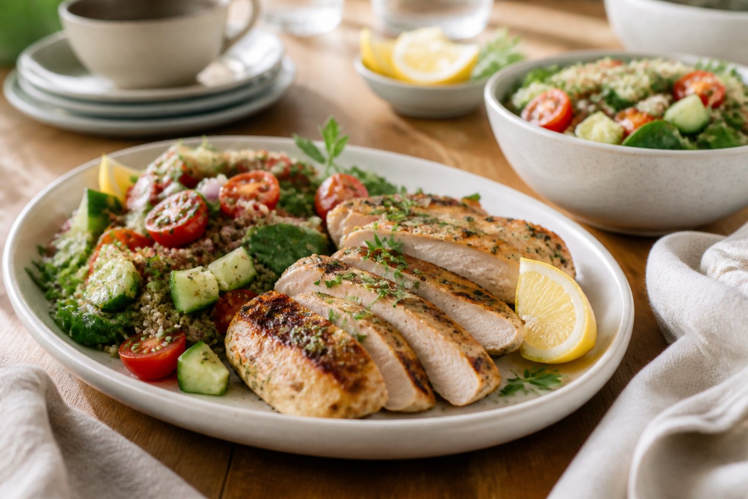 Grilled herb chicken served with colorful quinoa salad, vegetables, and lemon wedges on a dining table.