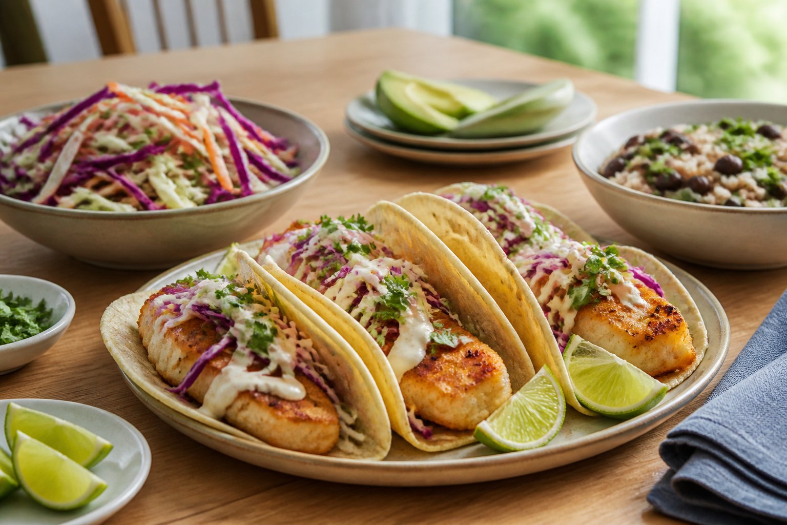 A plate of crispy fish tacos topped with colorful cabbage slaw, served with lime, avocado, and side dishes.