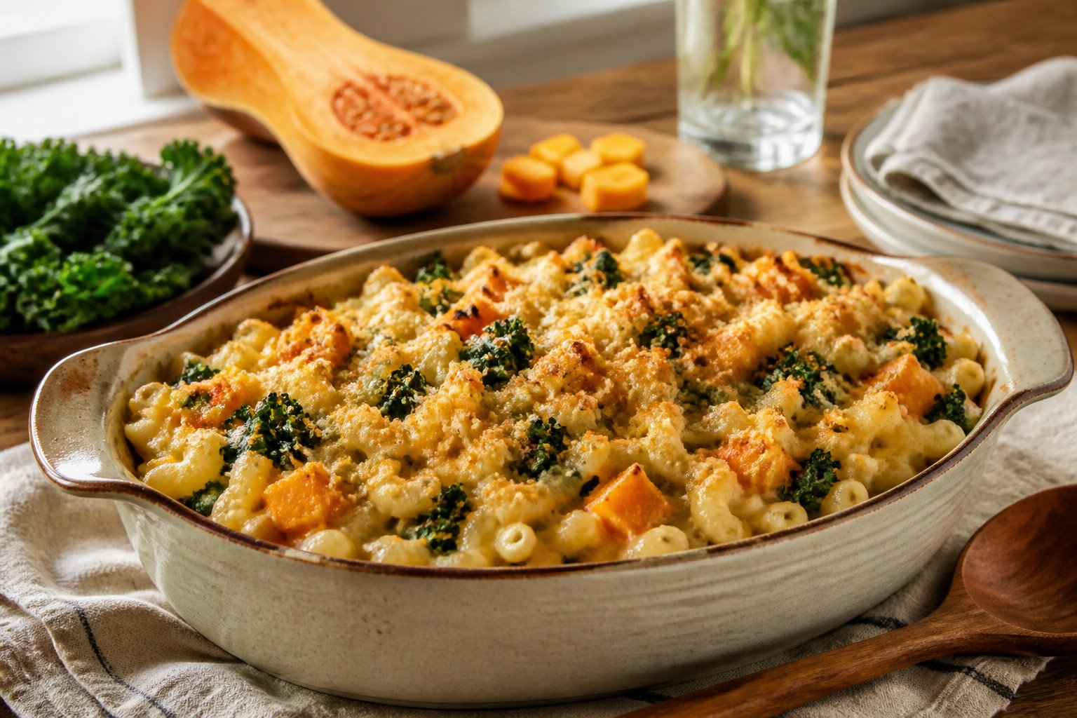 A baking dish of creamy macaroni and cheese with kale and roasted butternut squash on a dining table.