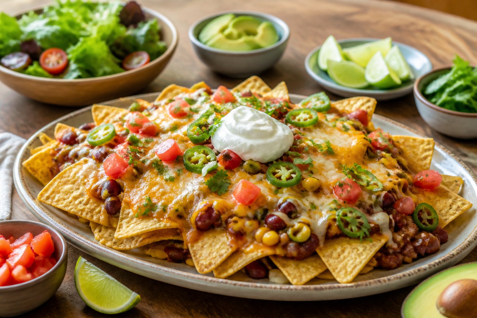A platter of chili-cheese nachos topped with beans, vegetables, melted cheese, and fresh garnishes, served with healthy sides.