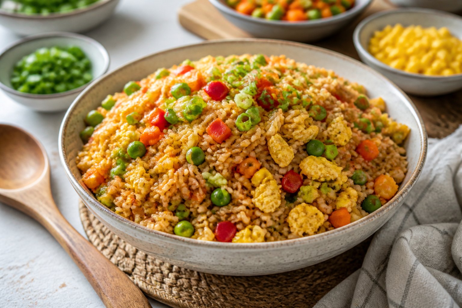 A bowl of vegetable and egg fried brown rice with colorful vegetables on a dining table.
