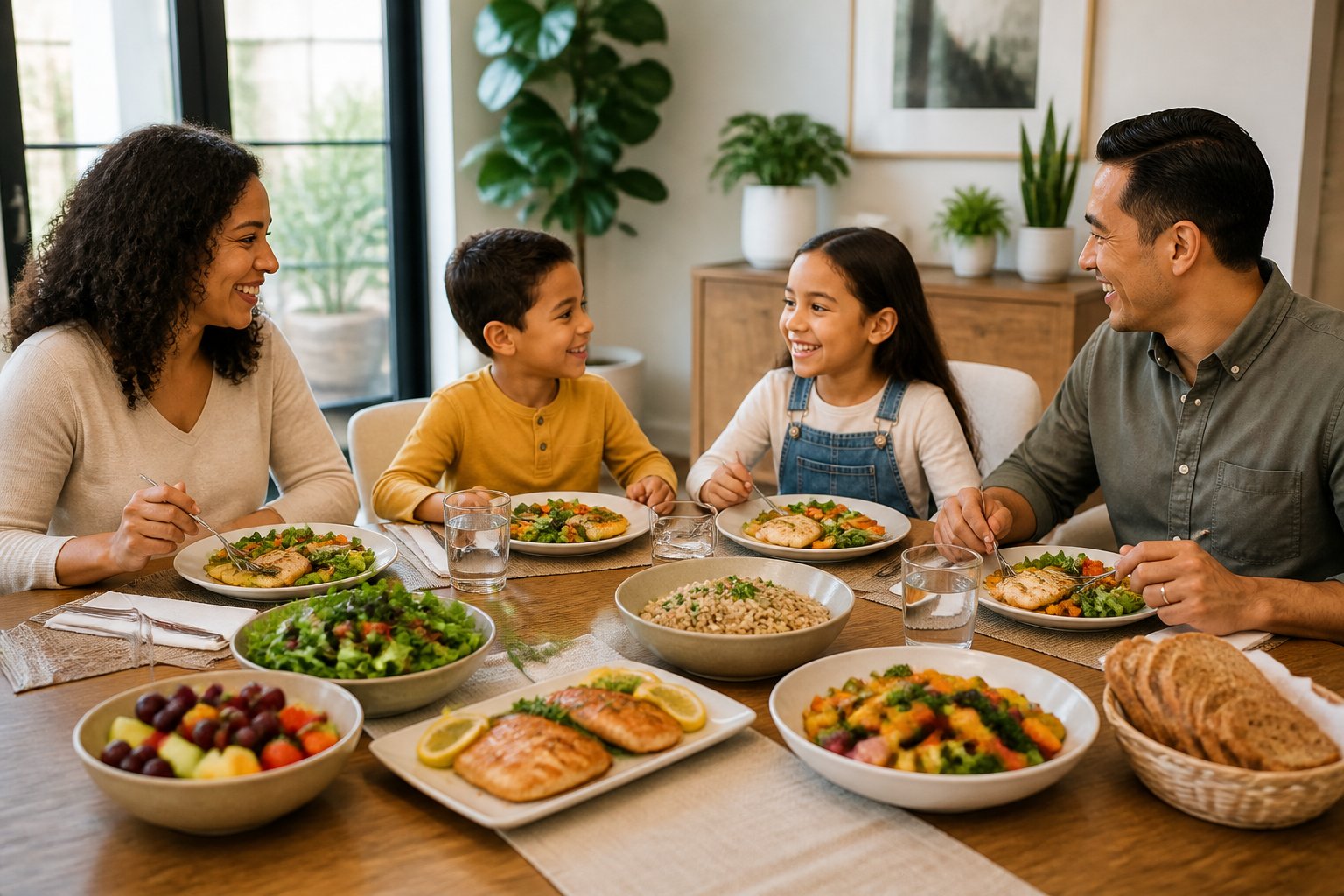 A family shares a colorful, healthy dinner around a dining table.