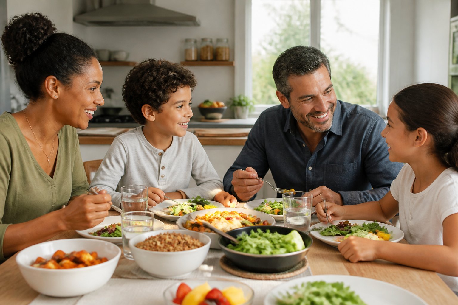 A family of four enjoys a healthy homemade dinner together at a kitchen table.