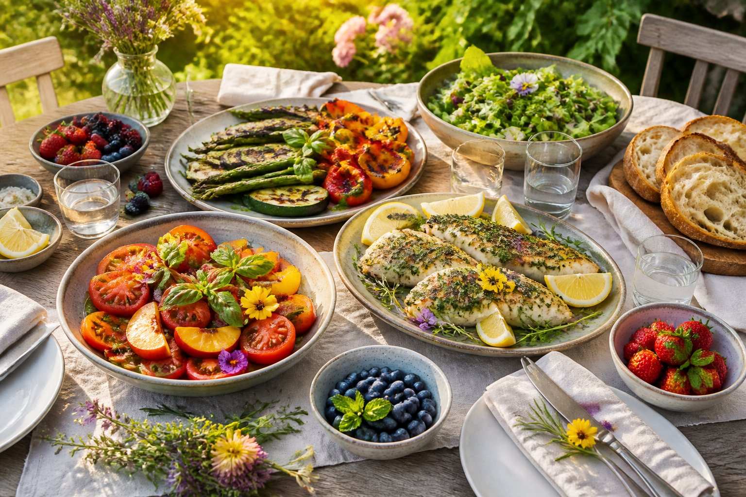 A colorful outdoor summer dinner spread with grilled vegetables, fish, fresh salads, bread, fruit, and herbs on a dining table.