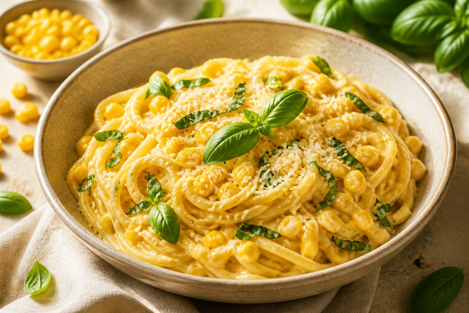 A bowl of creamy corn pasta garnished with fresh basil and Parmesan on a sunlit table.