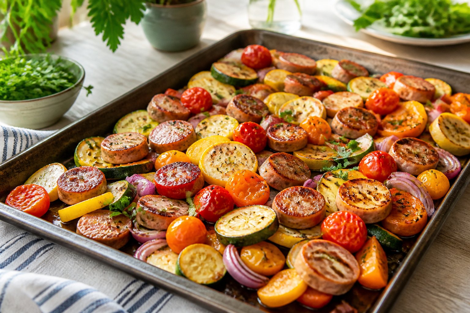 A sheet pan of roasted sausage and colorful summer vegetables on a table.