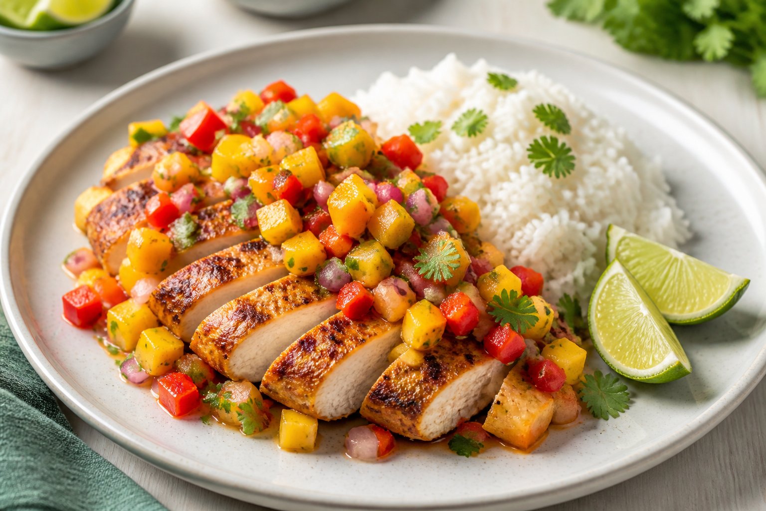 A plate of grilled chicken topped with mango salsa served beside white rice and lime wedges.