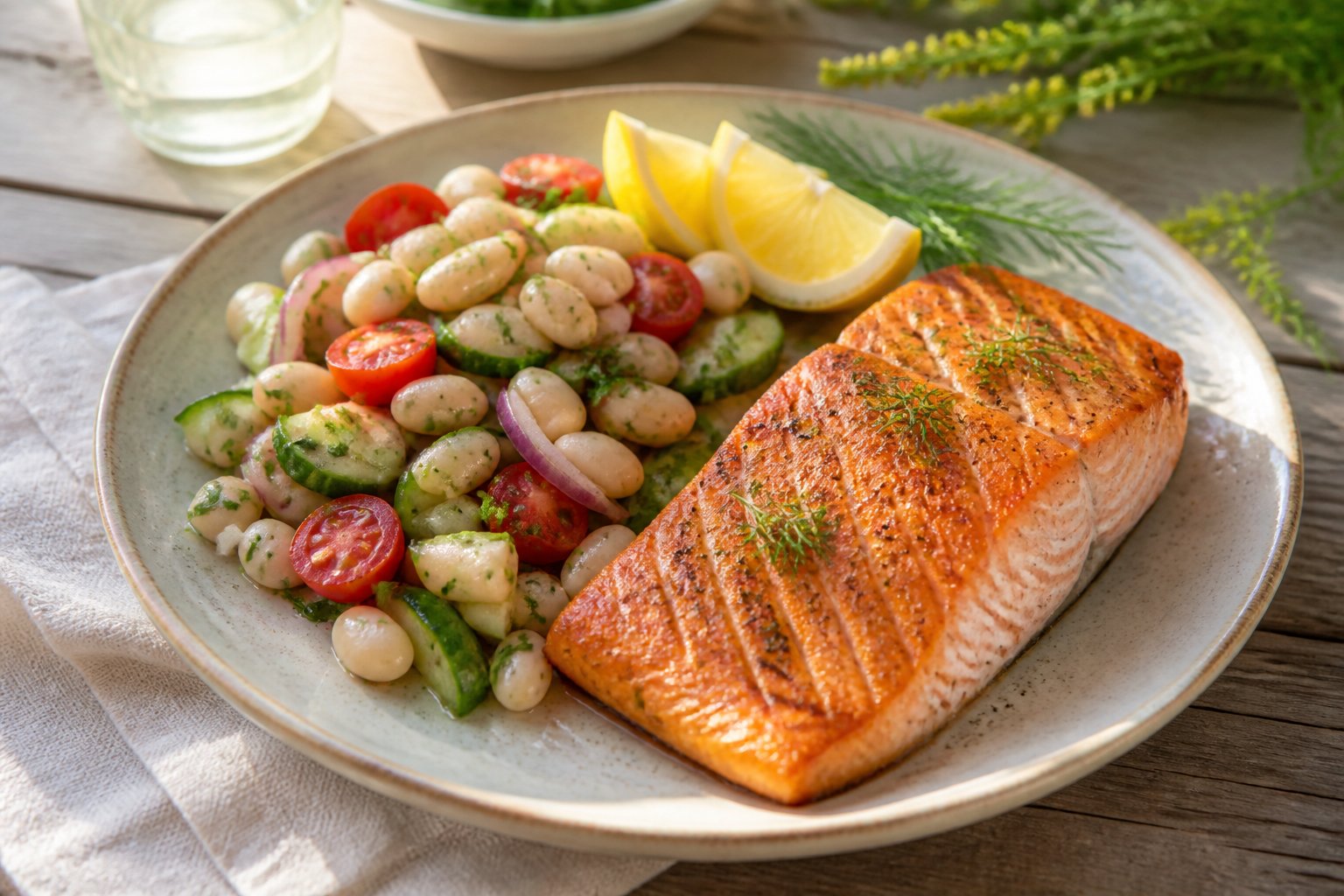 A plate of broiled salmon served with a colorful white bean salad, lemon wedges, and fresh herbs on a sunlit table.