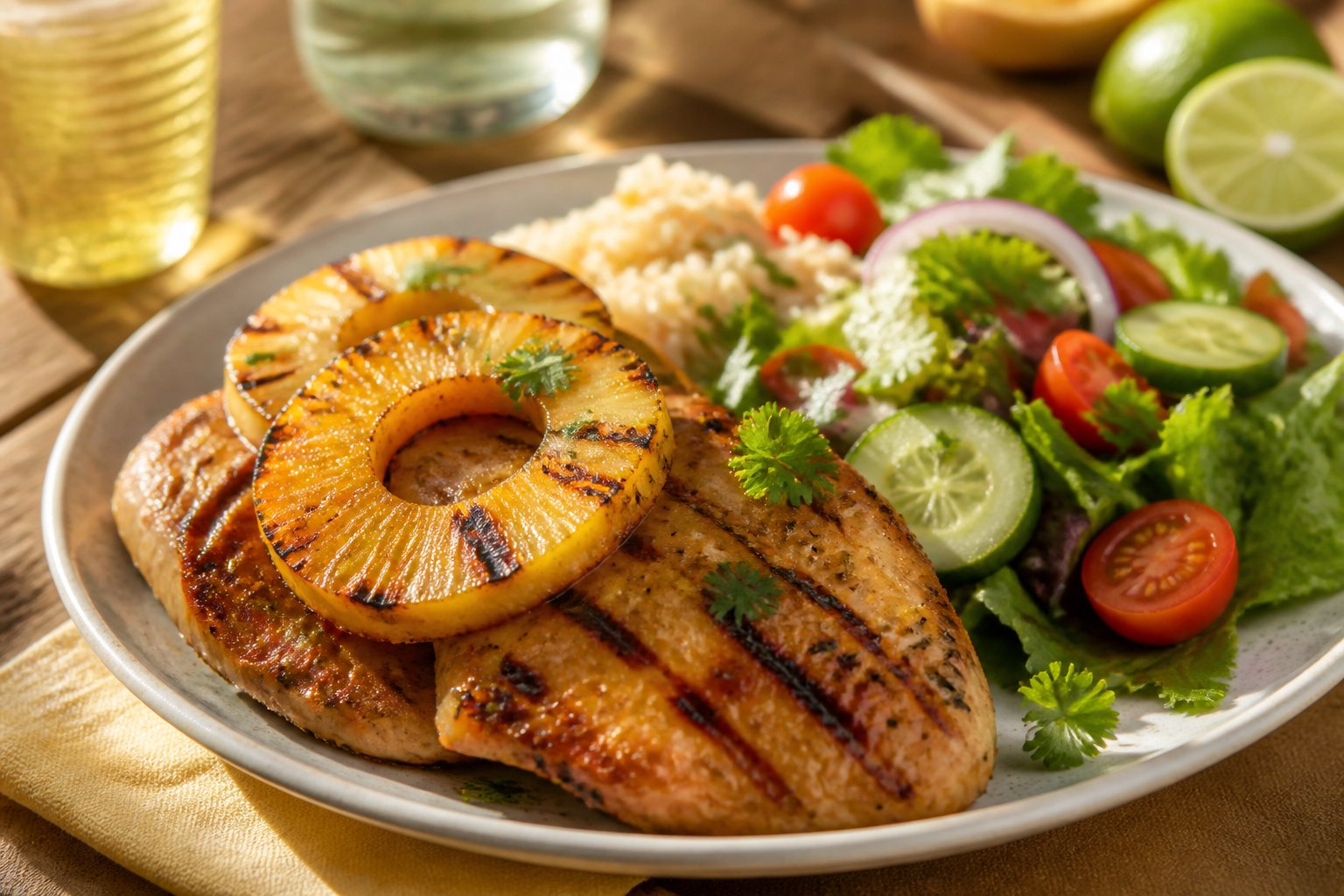 A plate of grilled chicken topped with caramelized pineapple, served with colorful summer vegetables on an outdoor table.