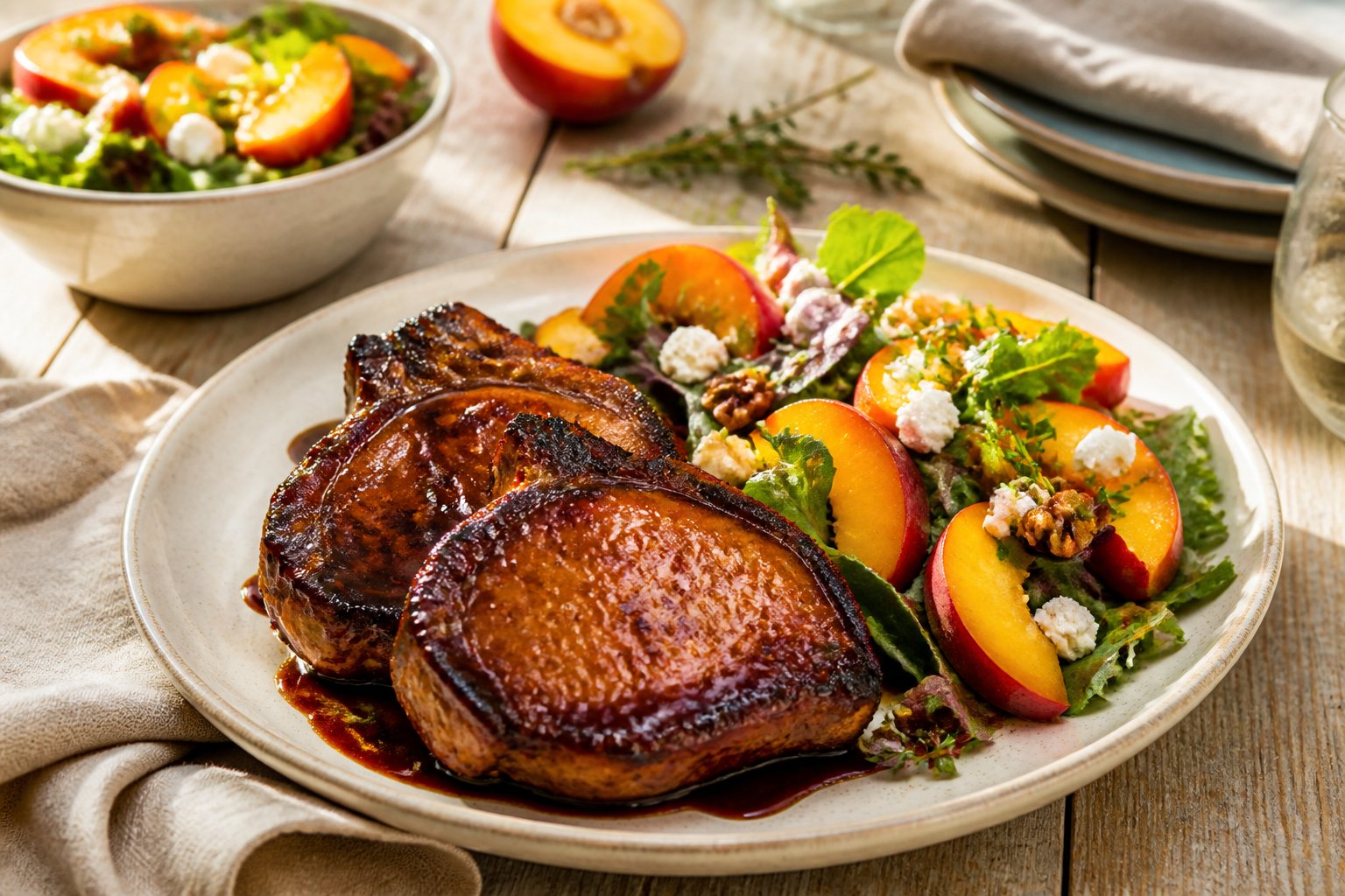 Balsamic-glazed pork chops served with a fresh peach salad on a dining table.
