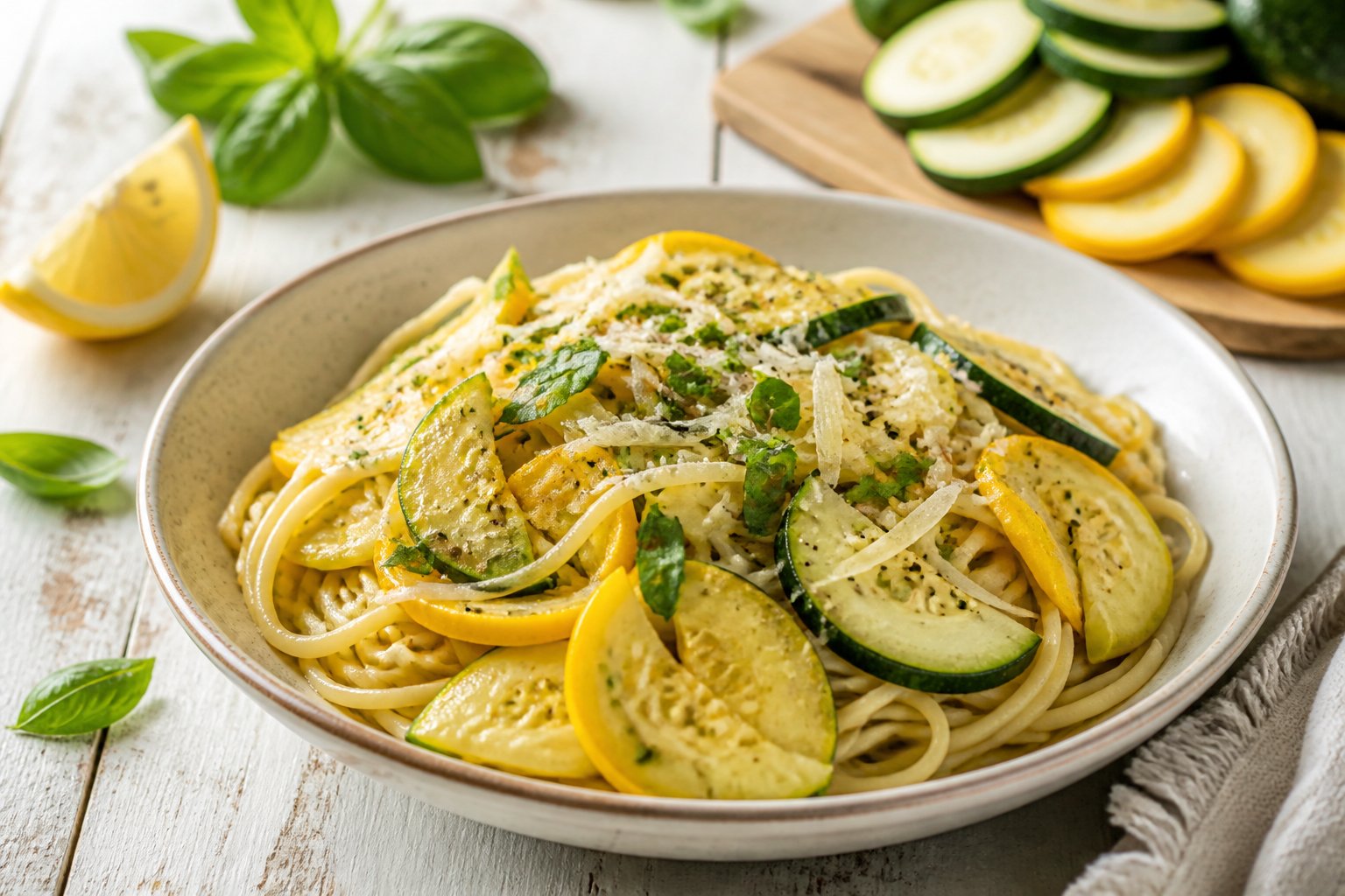 A bowl of pasta with summer squash, Parmesan cheese, garlic, and fresh basil on a sunlit table.