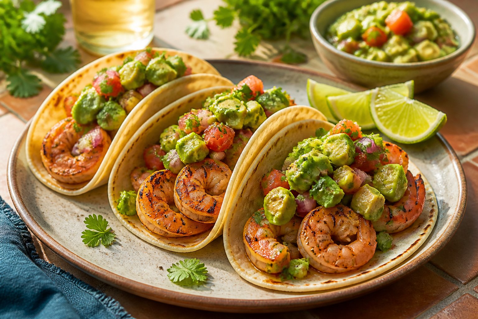 Three grilled shrimp tacos topped with avocado salsa on a plate with lime wedges.