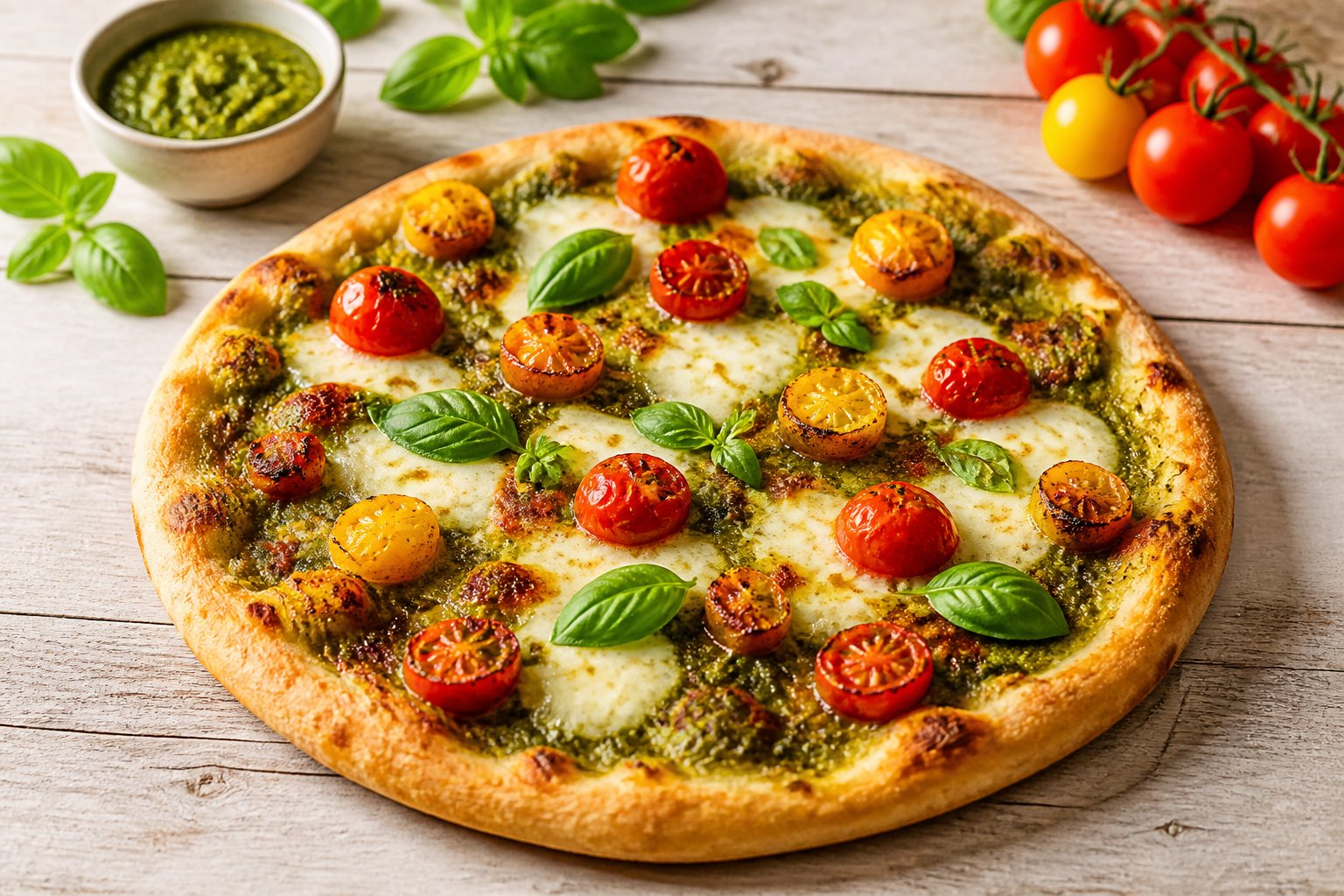 A pesto pizza topped with roasted cherry tomatoes, melted mozzarella, and fresh basil on a table.