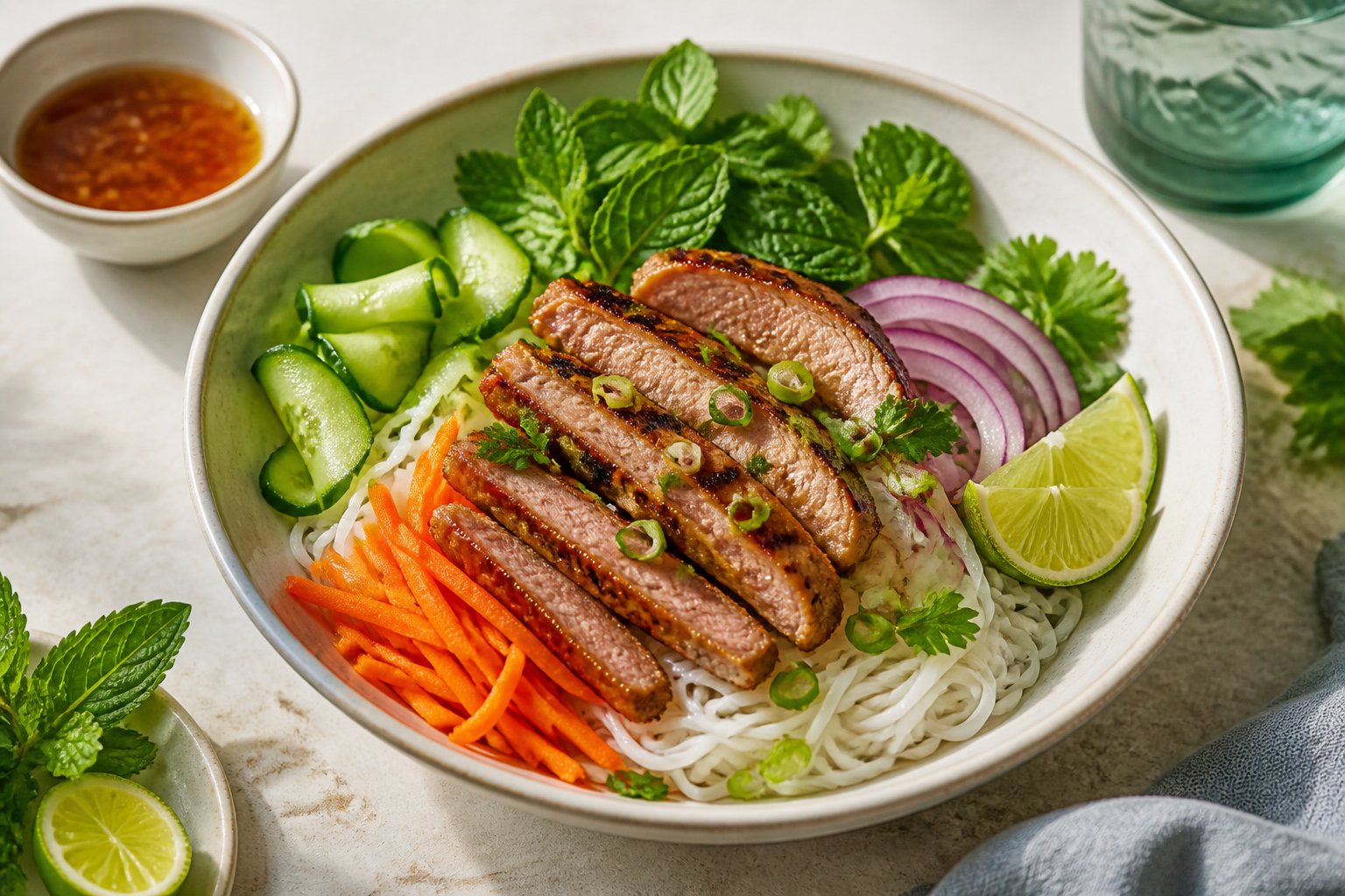 A bowl of pork and rice noodle salad with vegetables, herbs, and lime wedges on a light tabletop.