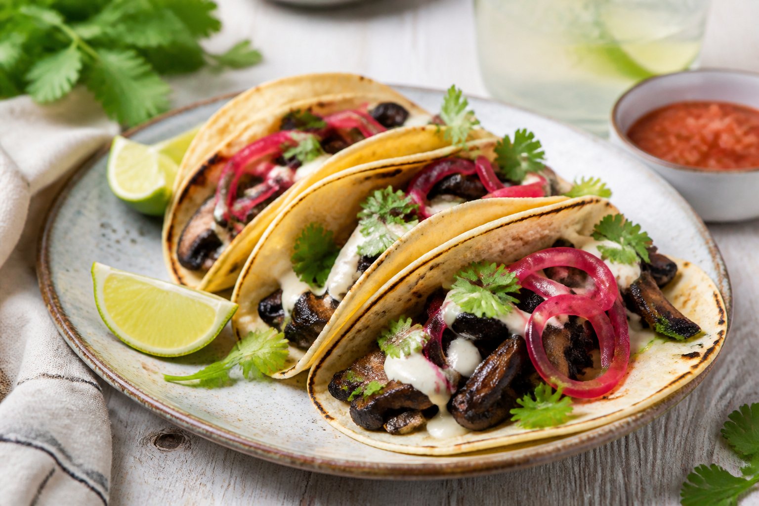Grilled mushroom tacos topped with pickled red onions, cilantro, and lime wedges on a plate.