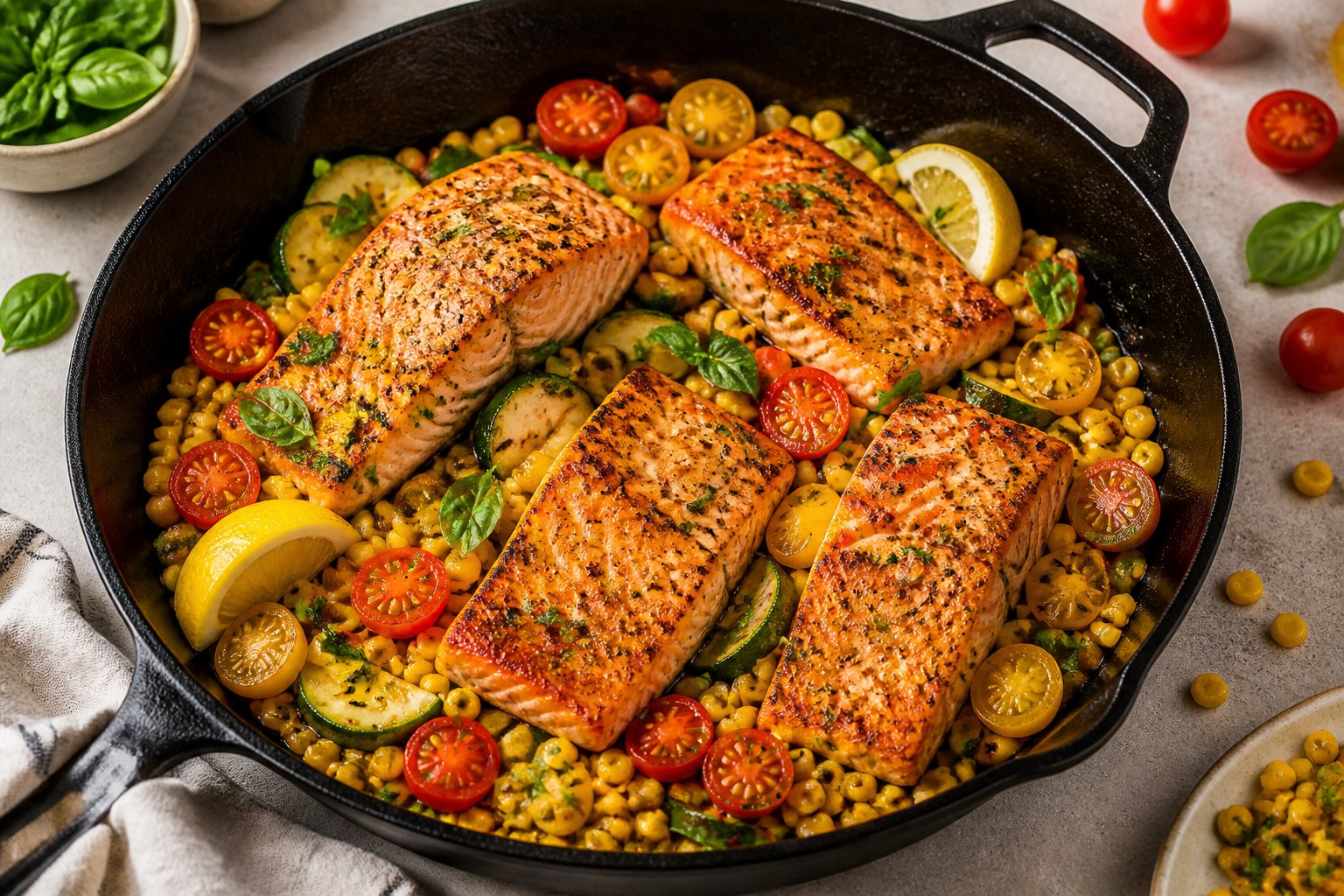 A skillet filled with salmon, tomatoes, corn, and fresh herbs on a kitchen table.