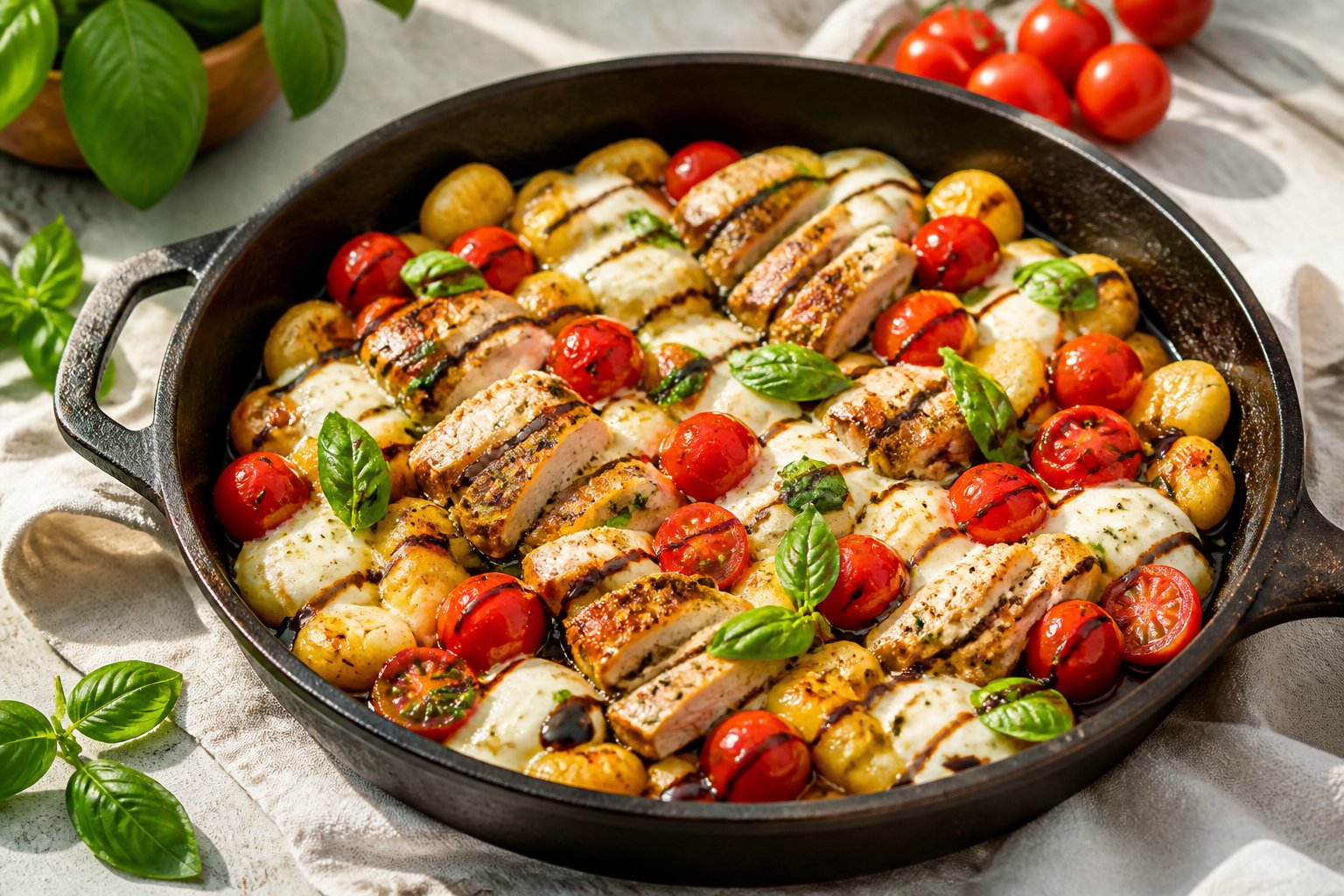 A skillet filled with chicken, gnocchi, cherry tomatoes, mozzarella, and fresh basil.