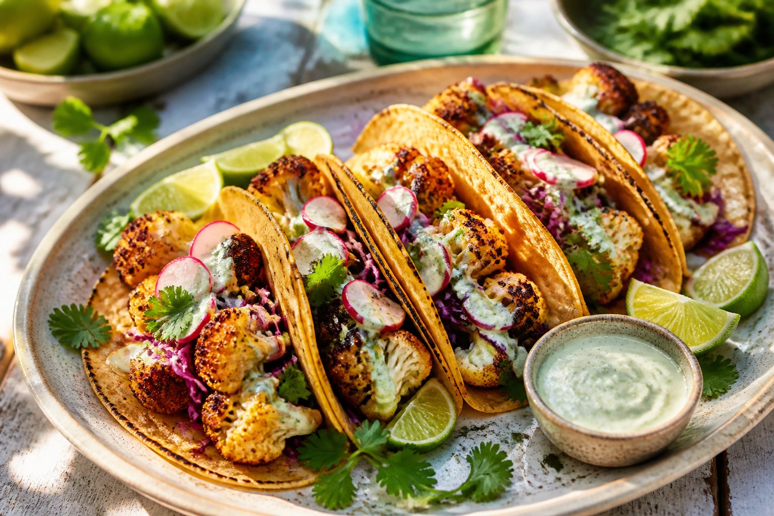 A platter of cauliflower tacos topped with cabbage, radishes, cilantro, and lime crema, served with lime wedges.