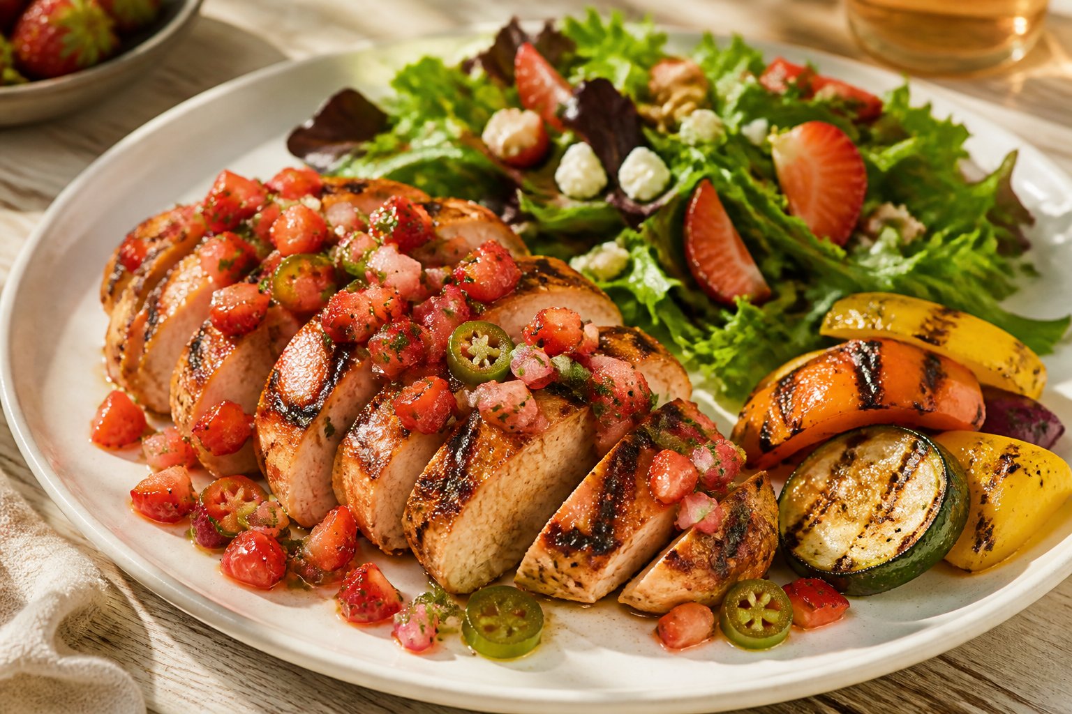 Sliced grilled chicken topped with strawberry and jalapeño salsa, served with fresh salad and grilled vegetables.