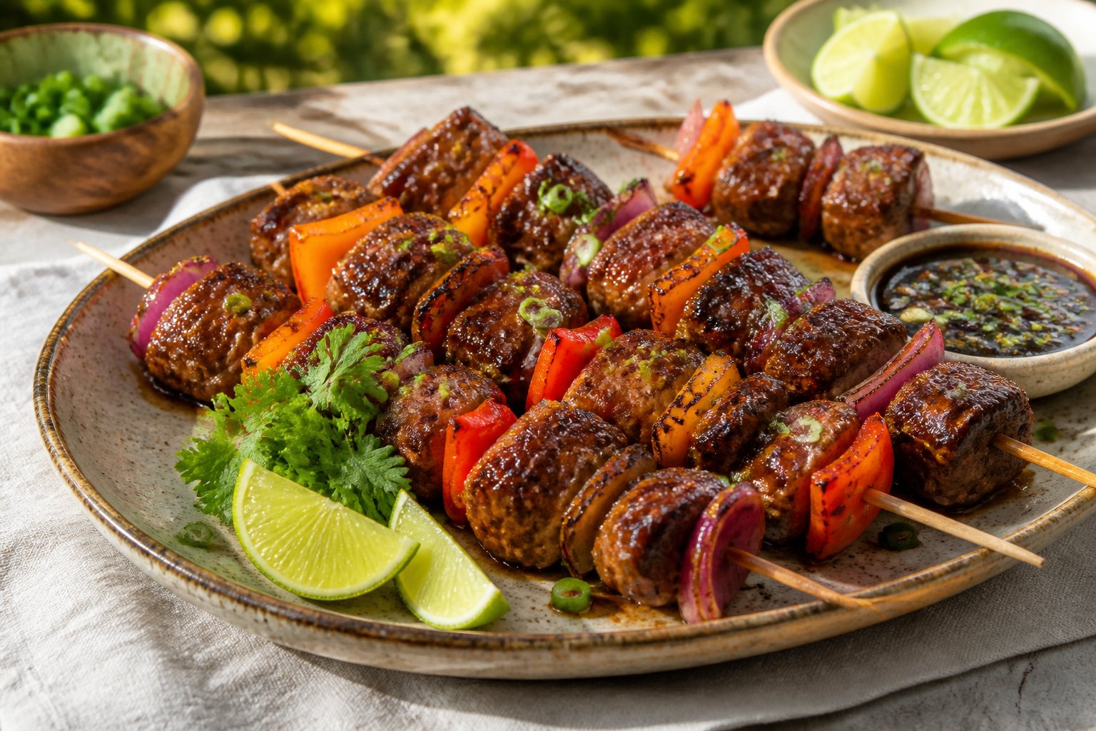 Glazed steak skewers with grilled vegetables and lime on an outdoor serving platter.