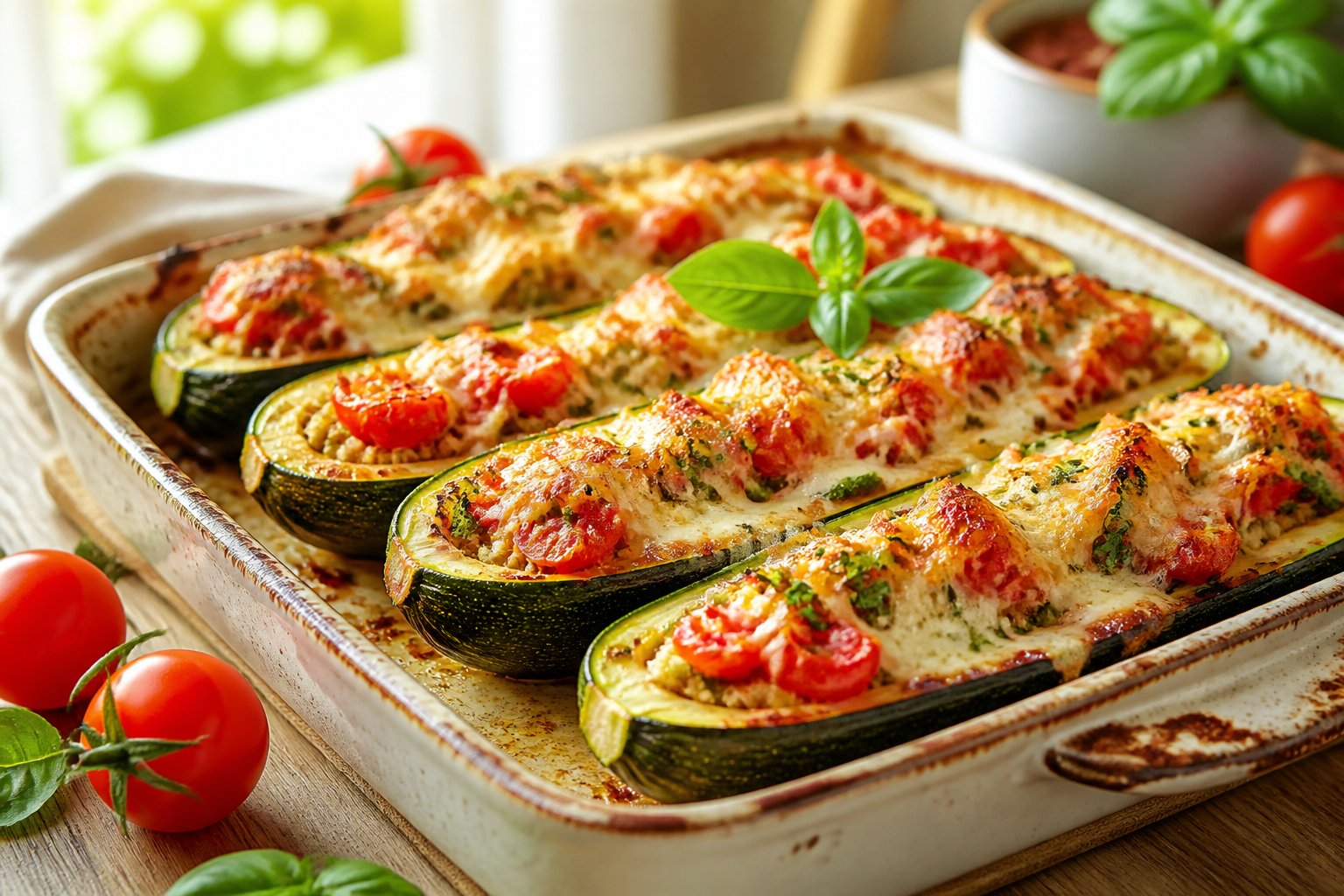 A baking dish filled with roasted zucchini boats stuffed with tomatoes, herbs, and melted Parmesan cheese.