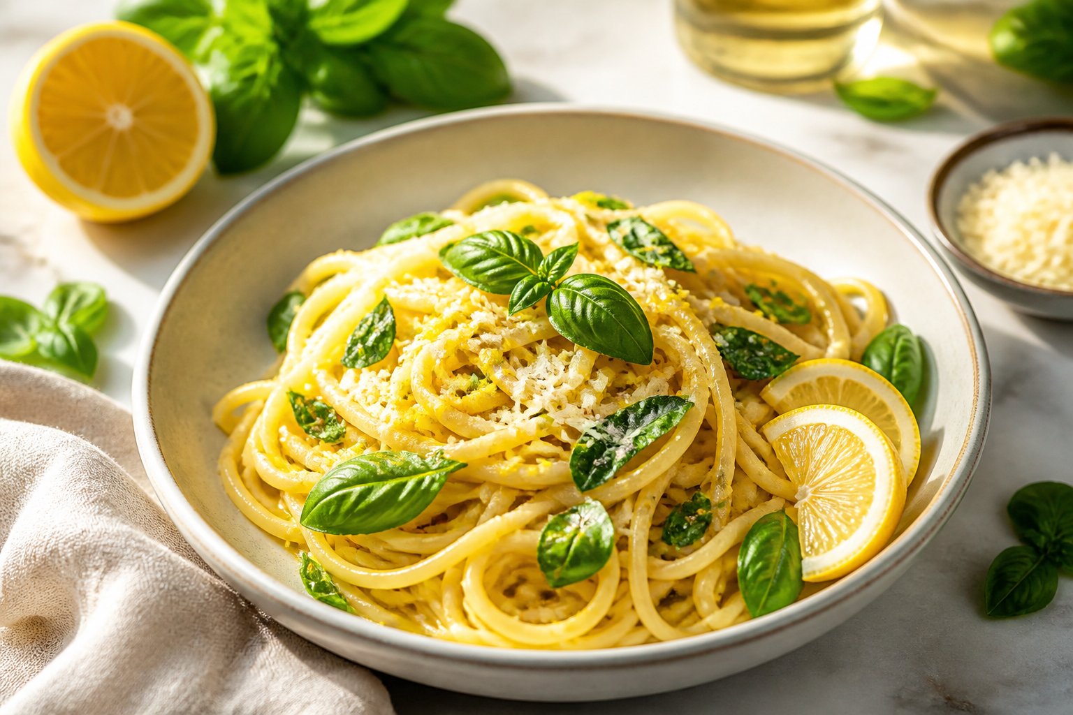 A bowl of lemon pasta topped with fresh basil and lemon zest, served with lemon wedges on a bright table.