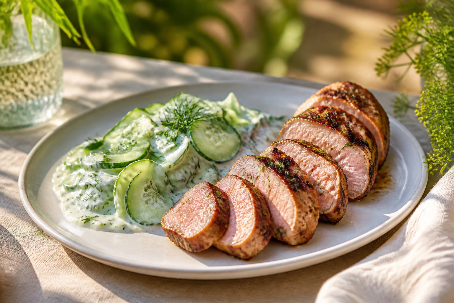 Sliced grilled pork tenderloin served with creamy cucumber salad on a plate outdoors.